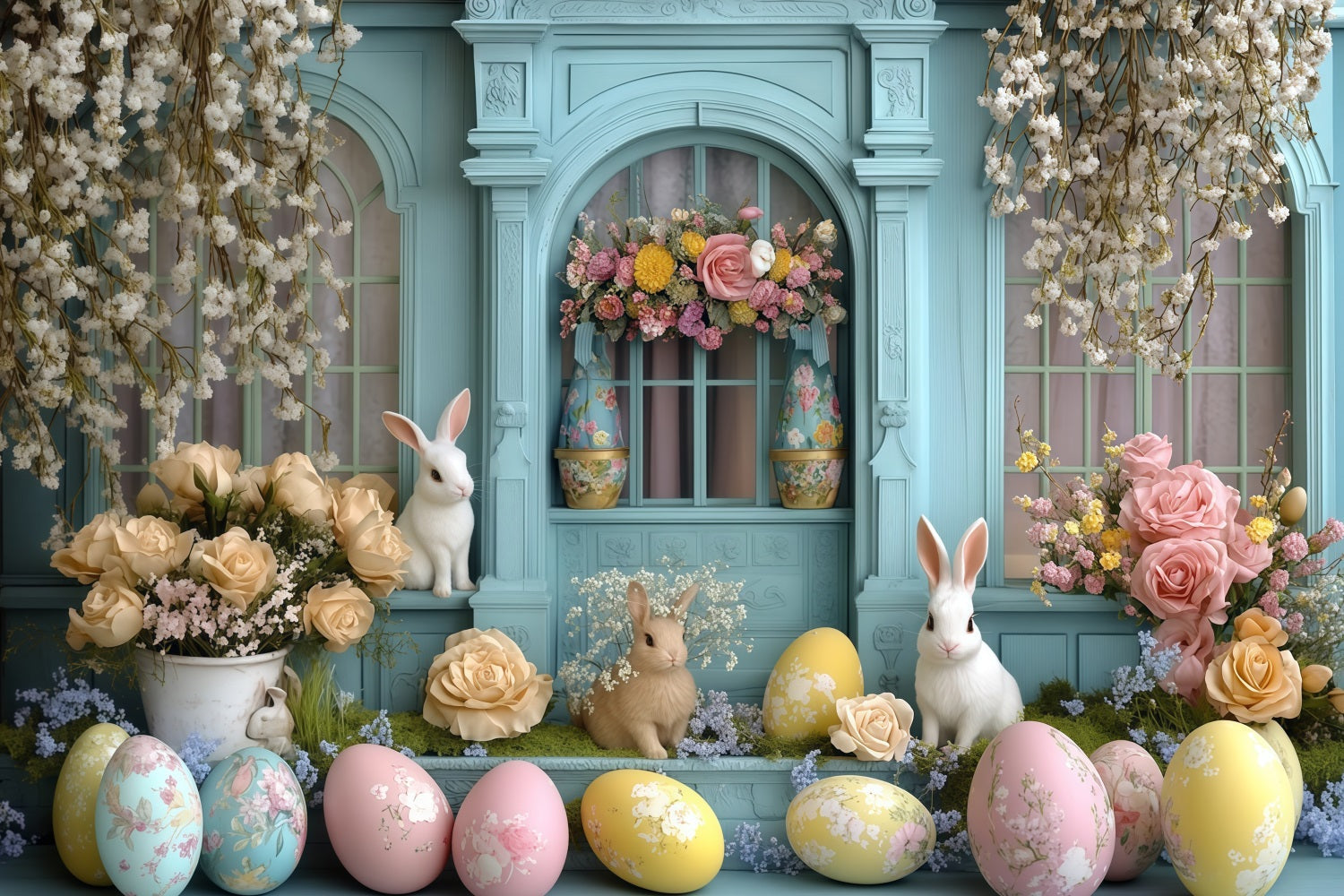 Osterbild-Hintergründe Rustikales Tulpen-Gartenhäuschen-Tür-Hase-Hintergrund MRR11-92
