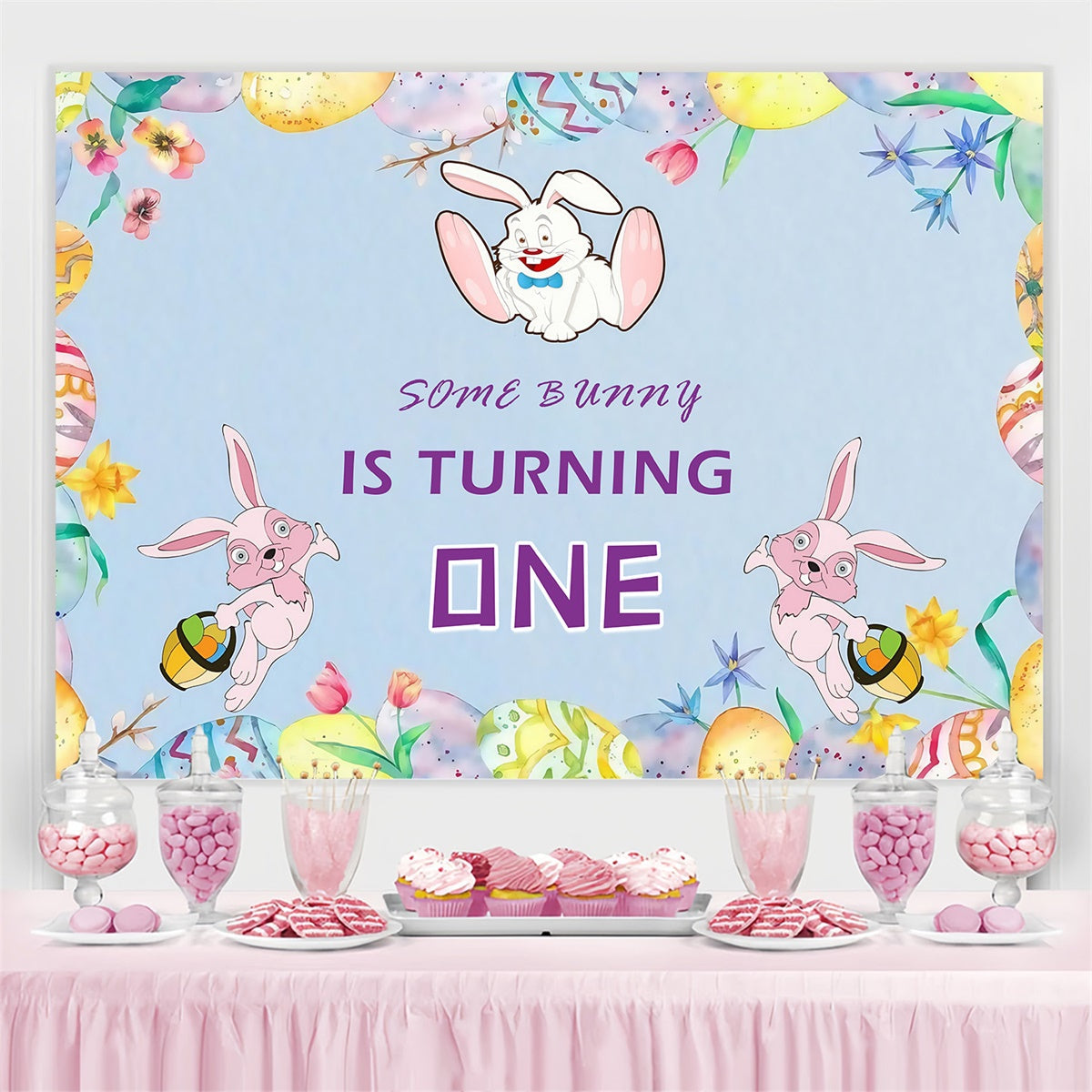 Foto-Hintergrund für Ostern Pastell Bunny Floral Customized Backdrop MRR3-131