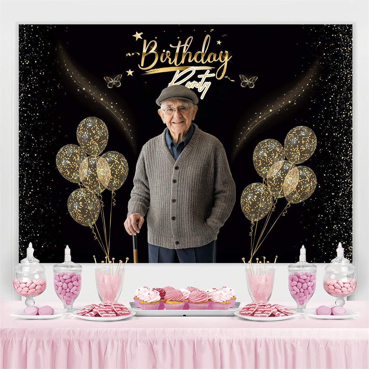 Custom Made Birthday Backdrops Glitter Ballon Schwarz Gold Backdrop MRR3-143