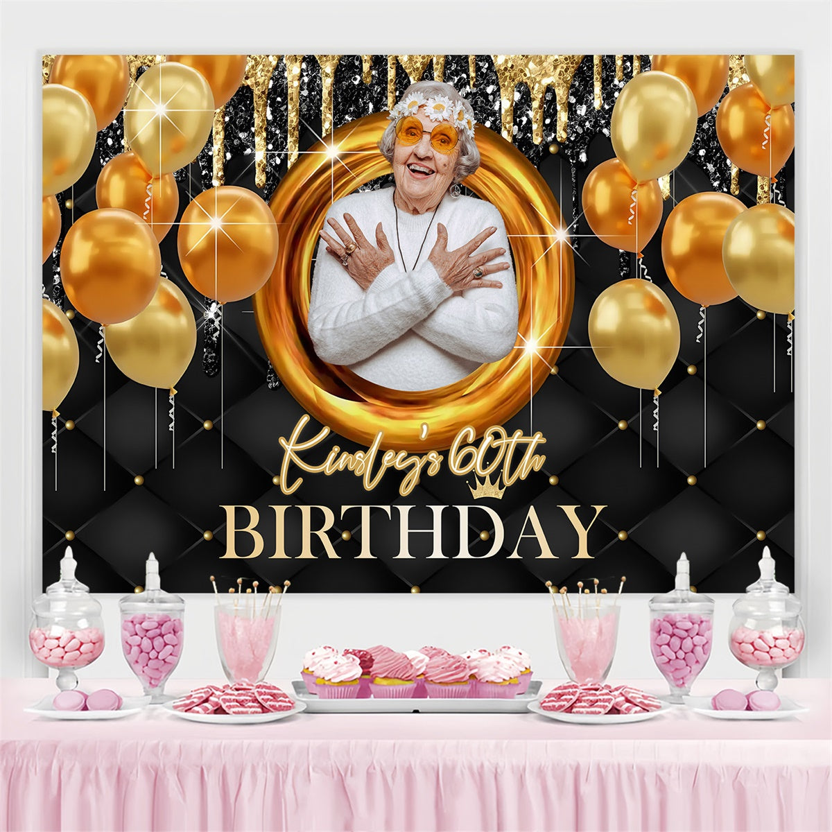 Personalisierte 60. Geburtstag Backdrop Gold Ballon Sparkle Backdrop MRR3-148