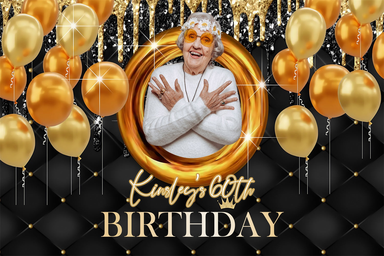 Personalisierte 60. Geburtstag Backdrop Gold Ballon Sparkle Backdrop MRR3-148