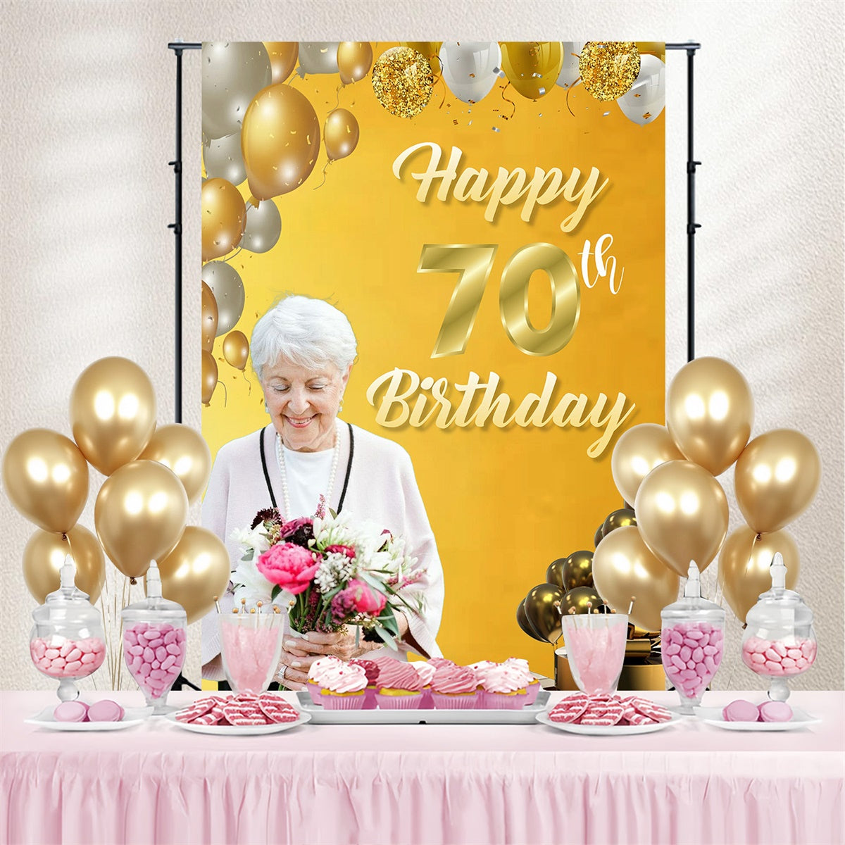 Personalisierte 70. Geburtstag Backdrop Elegant Gold Ballon Backdrop MRR3-163