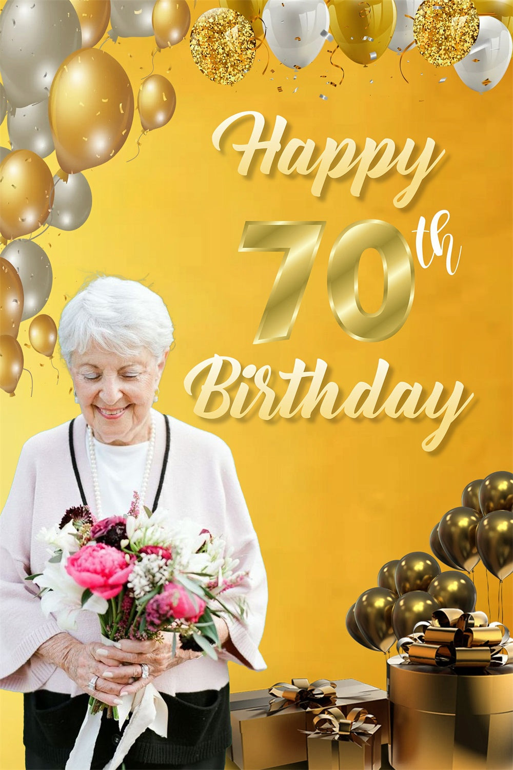 Personalisierte 70. Geburtstag Backdrop Elegant Gold Ballon Backdrop MRR3-163