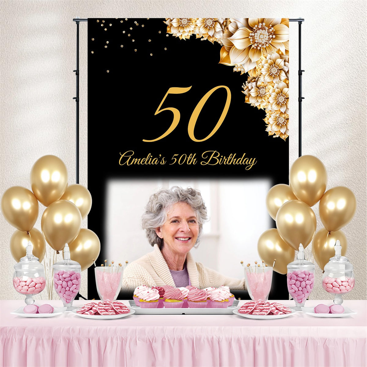 Personalisierte 50. Geburtstag Backdrop Elegant Gold Flower Backdrop MRR3-164