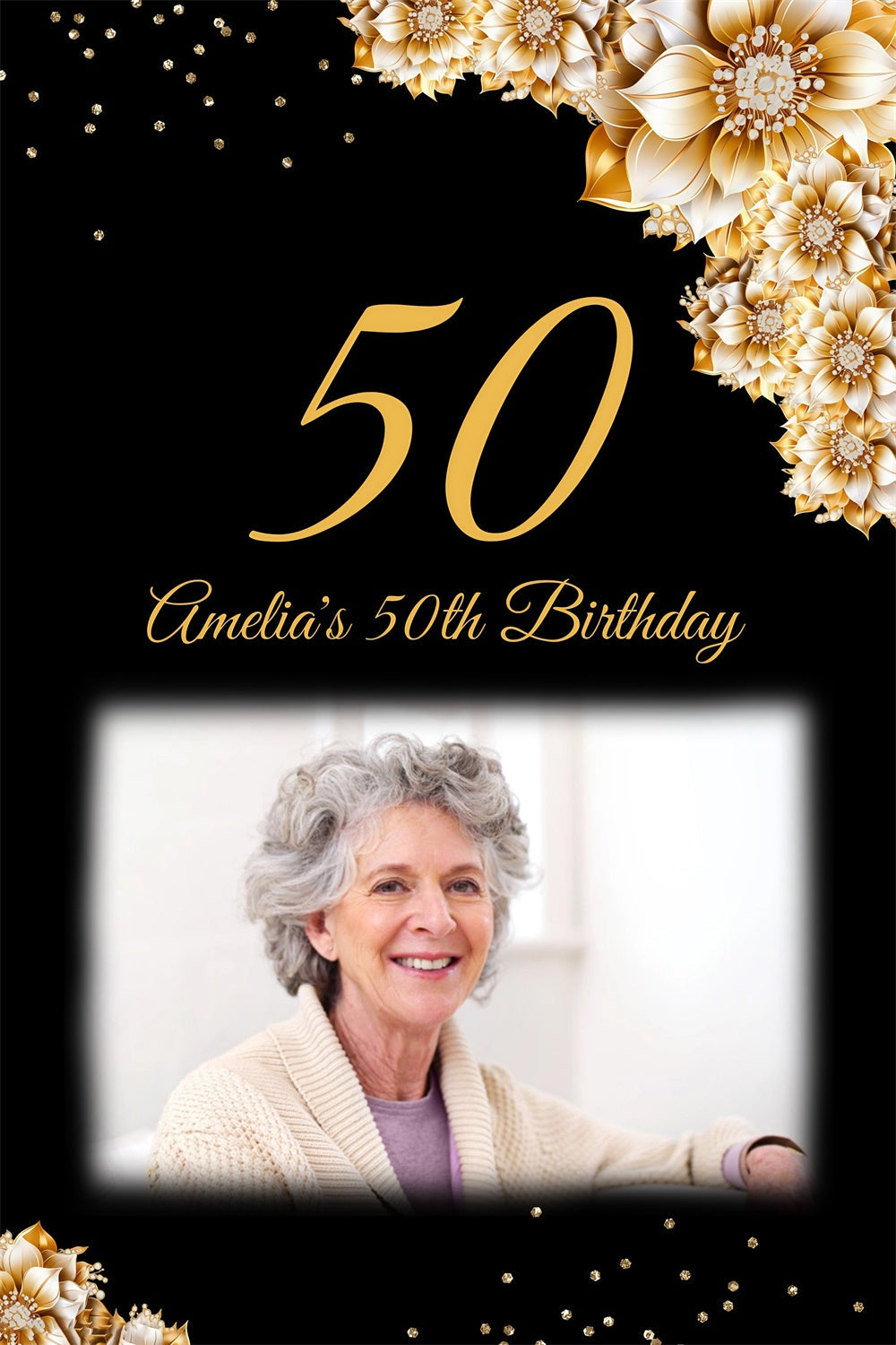 Personalisierte 50. Geburtstag Backdrop Elegant Gold Flower Backdrop MRR3-164