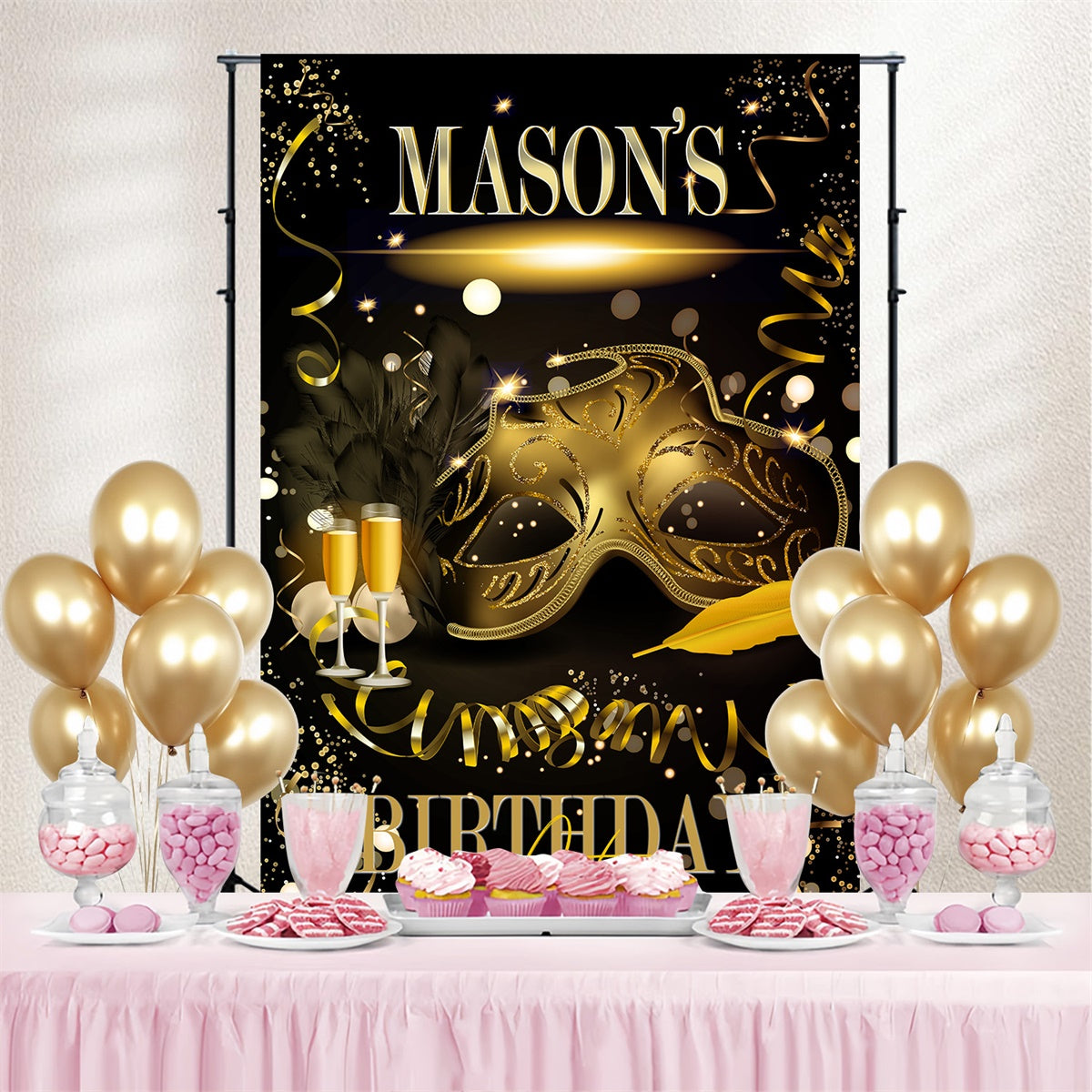 Individuelles Hintergrundbild für Geburtstag Elegante Maske Gold Thema Hintergrund MRR3-170