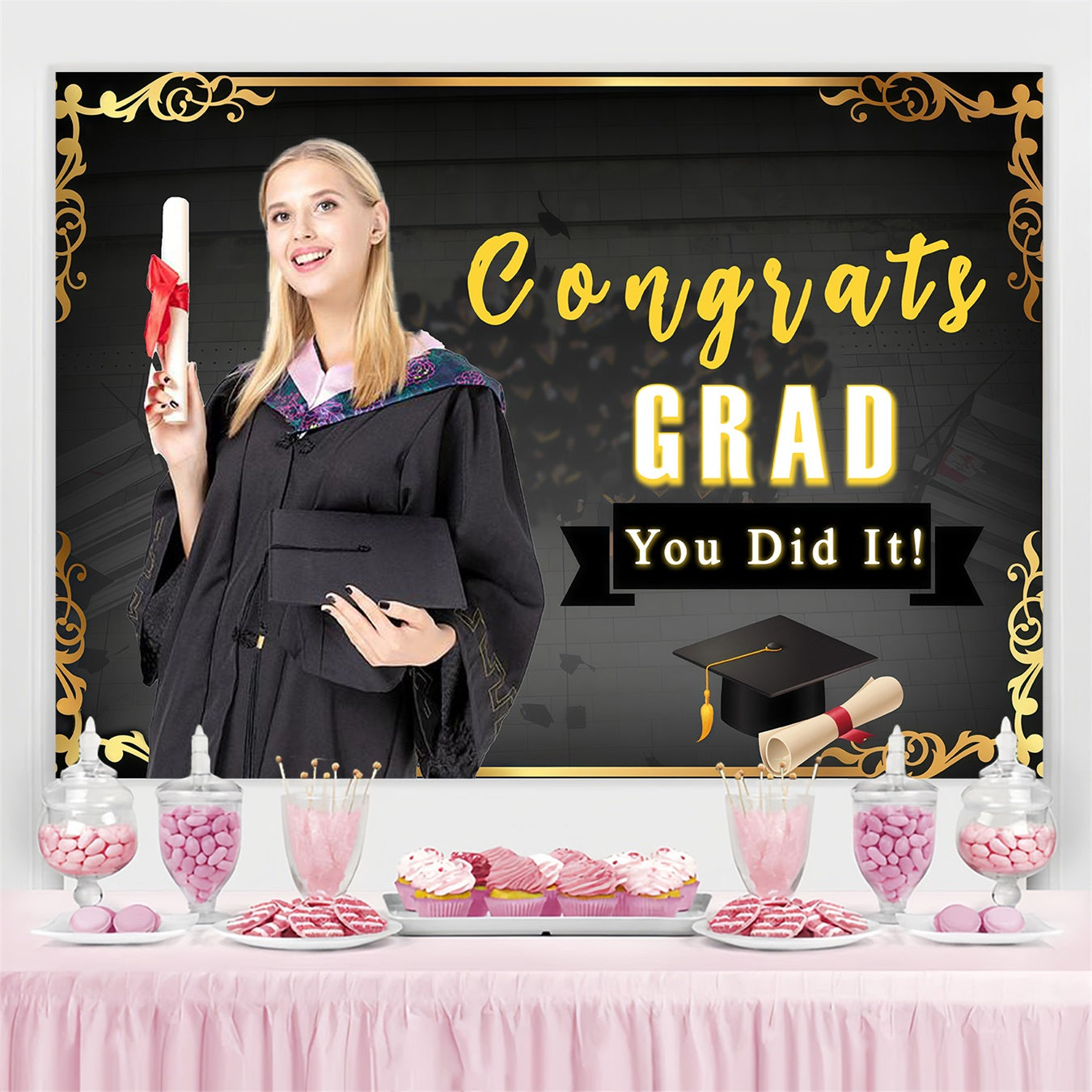 2025 Graduation Backdrop Schwarz Gold Hut Benutzerdefinierte Party Graduation Backdrop MRR3-173