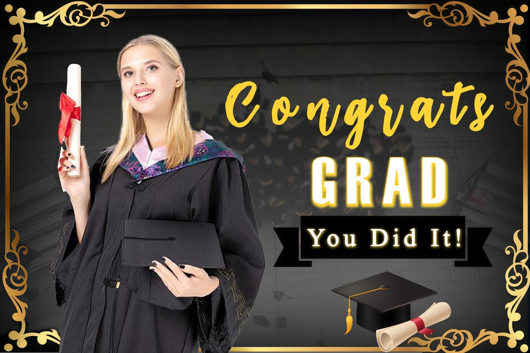 2025 Graduation Backdrop Schwarz Gold Hut Benutzerdefinierte Party Graduation Backdrop MRR3-173