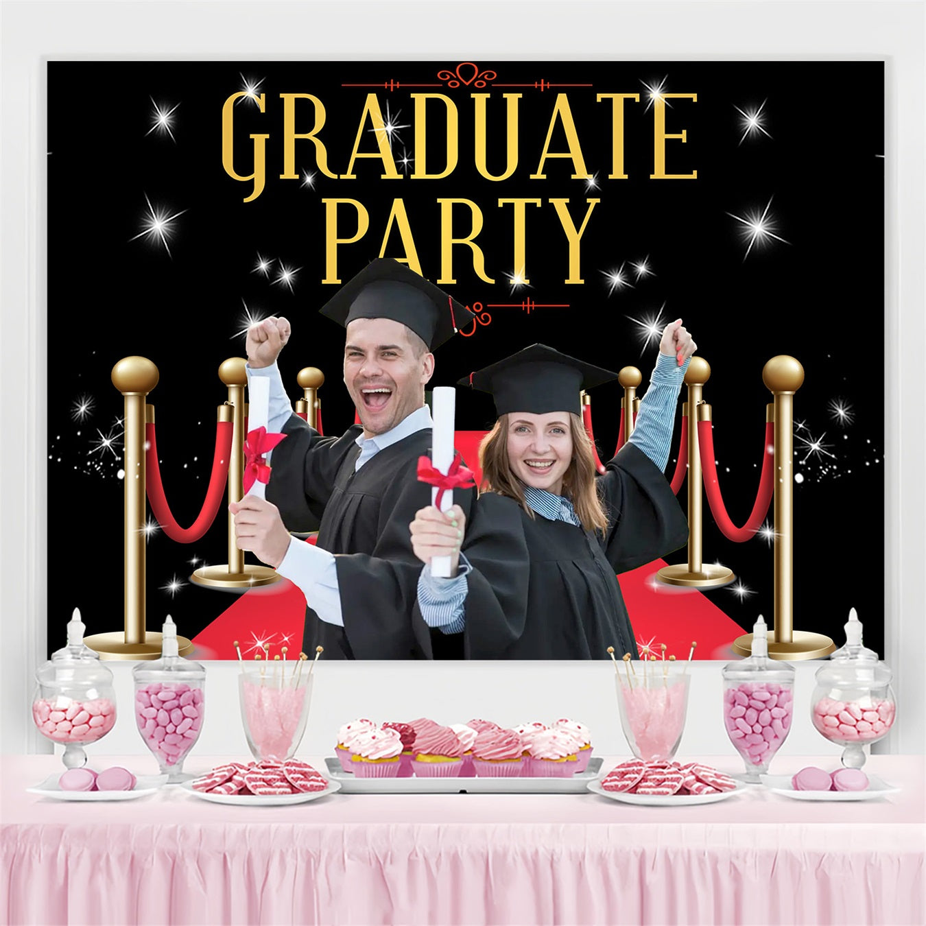 Graduation Backdrop Fotoshooting Glänzend Roter Teppich Benutzerdefinierte Party Graduation Backdrop MRR3-179