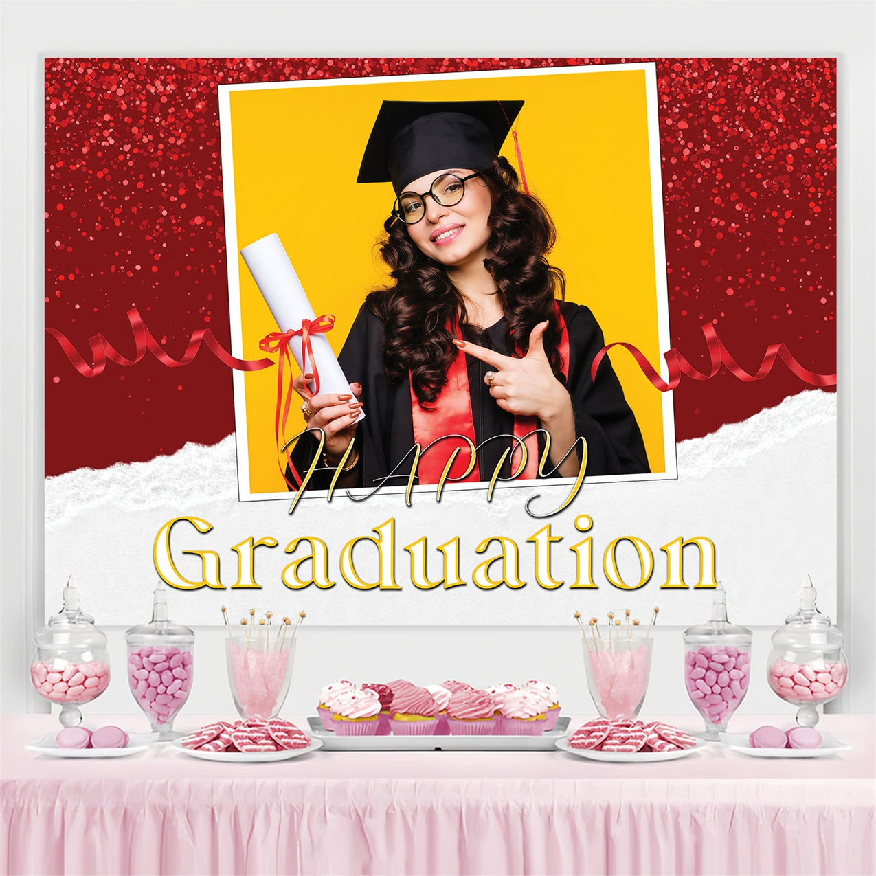 Graduation Backdrop Ideen Funkeln Rot Personalisierte Party Graduation Backdrop MRR3-180