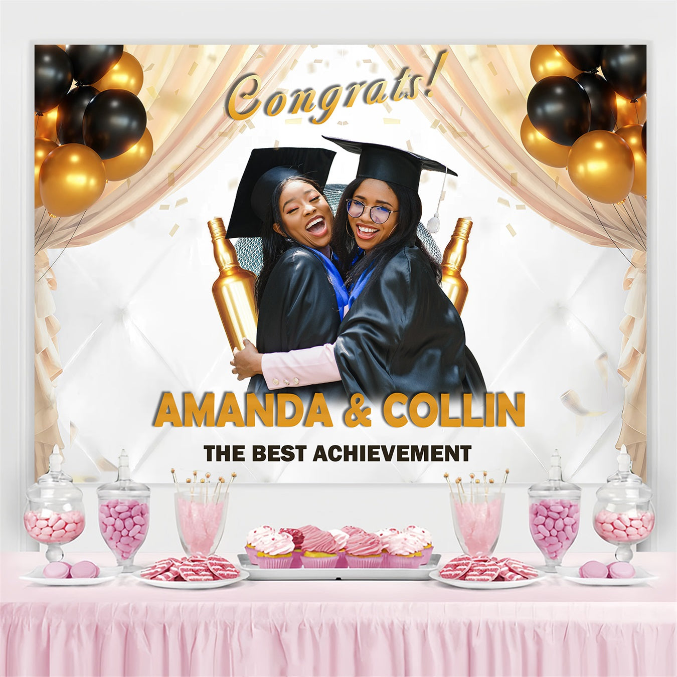 Graduation Fotoshooting Hintergrund Champagner Gold Ballons Benutzerdefinierte Party Graduation Backdrop MRR3-181