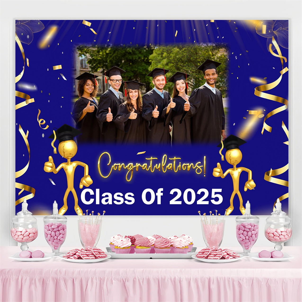 Blau Graduation Backdrop Blau Gold Konfetti Personalisierte Party Graduation Backdrop MRR3-184