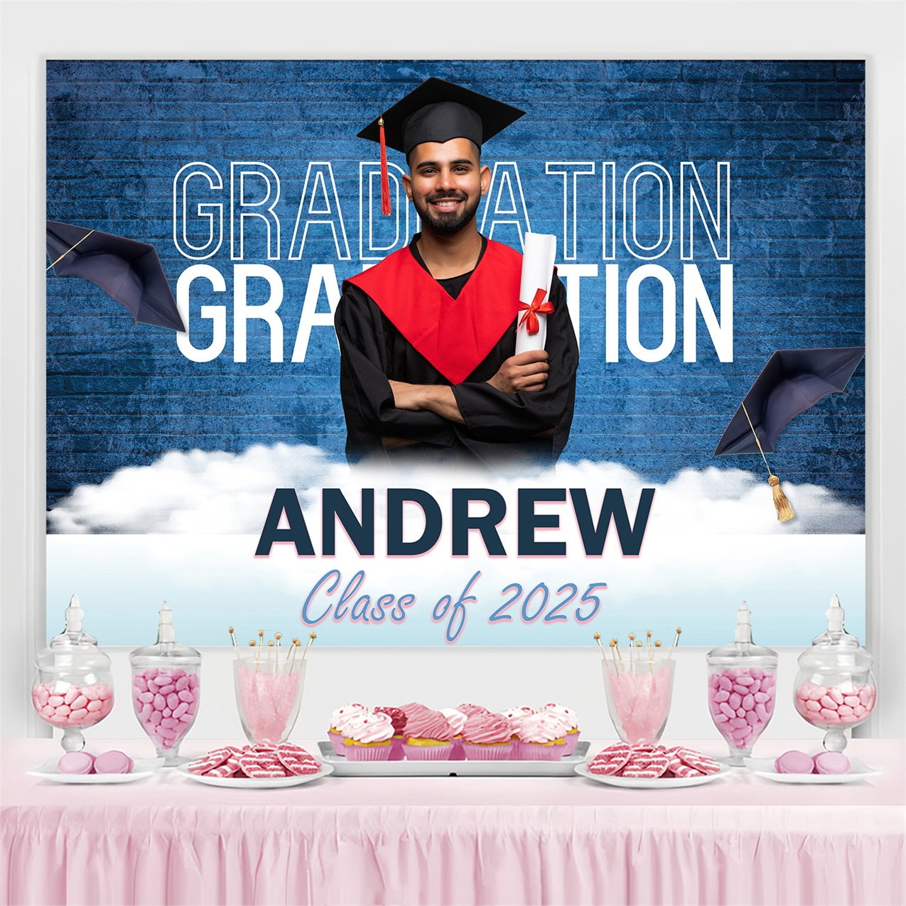 2025 Graduation Backdrop Blaue Backsteinmauer Personalisierte Party Graduation Backdrop MRR3-185