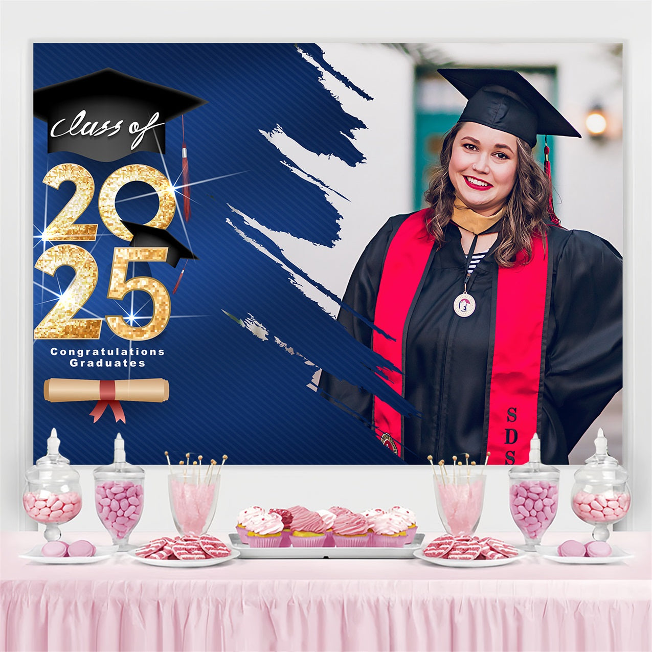 Graduation Backdrop Blau Funkeln Blau Thema Benutzerdefinierte Party Graduation Backdrop MRR3-187
