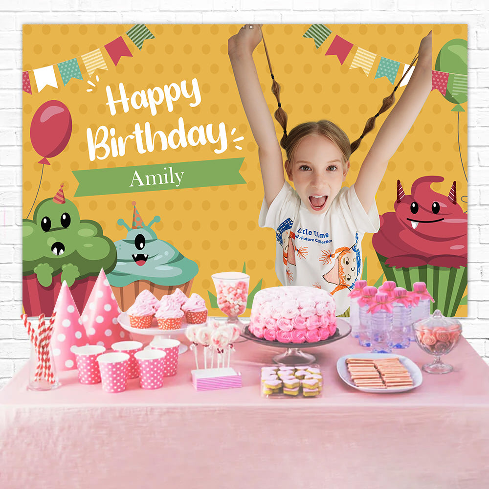 Personalisierte Backdrops Geburtstag Monster Cupcake Party Backdrop MRR3-19