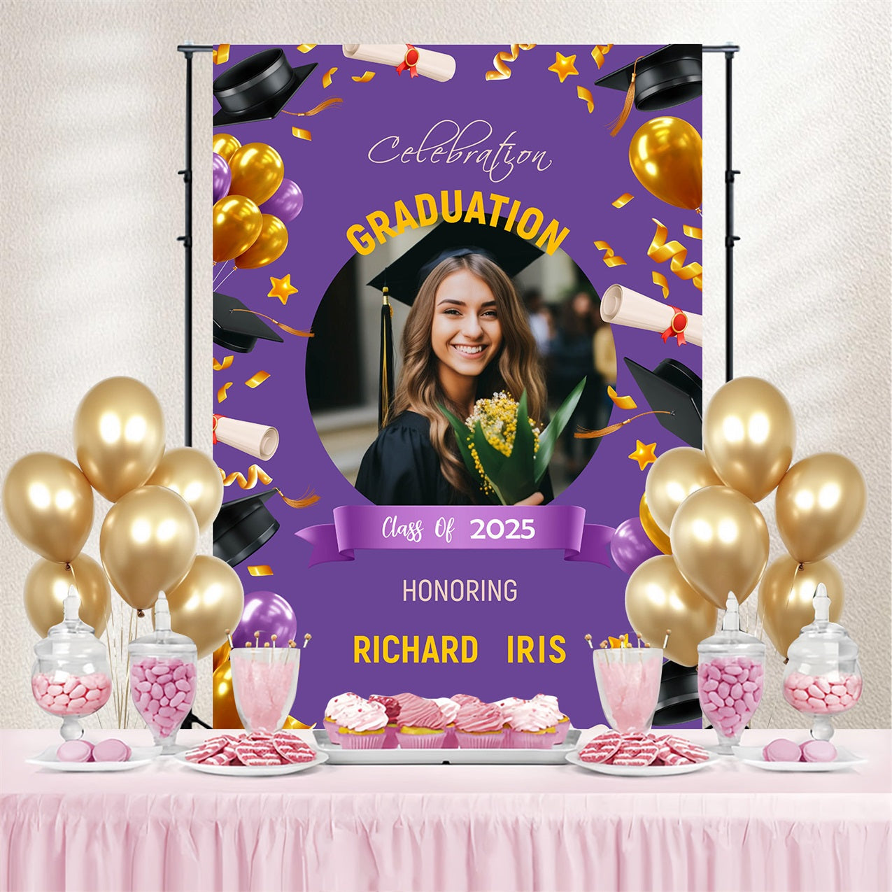 Graduation Backdrop Lila Ballon Konfetti Personalisierte Party Graduation Backdrop MRR3-191