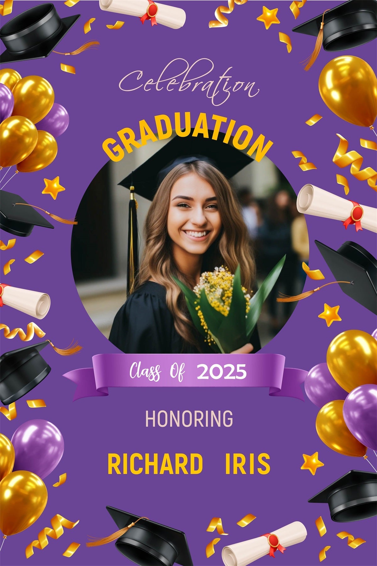 Graduation Backdrop Lila Ballon Konfetti Personalisierte Party Graduation Backdrop MRR3-191