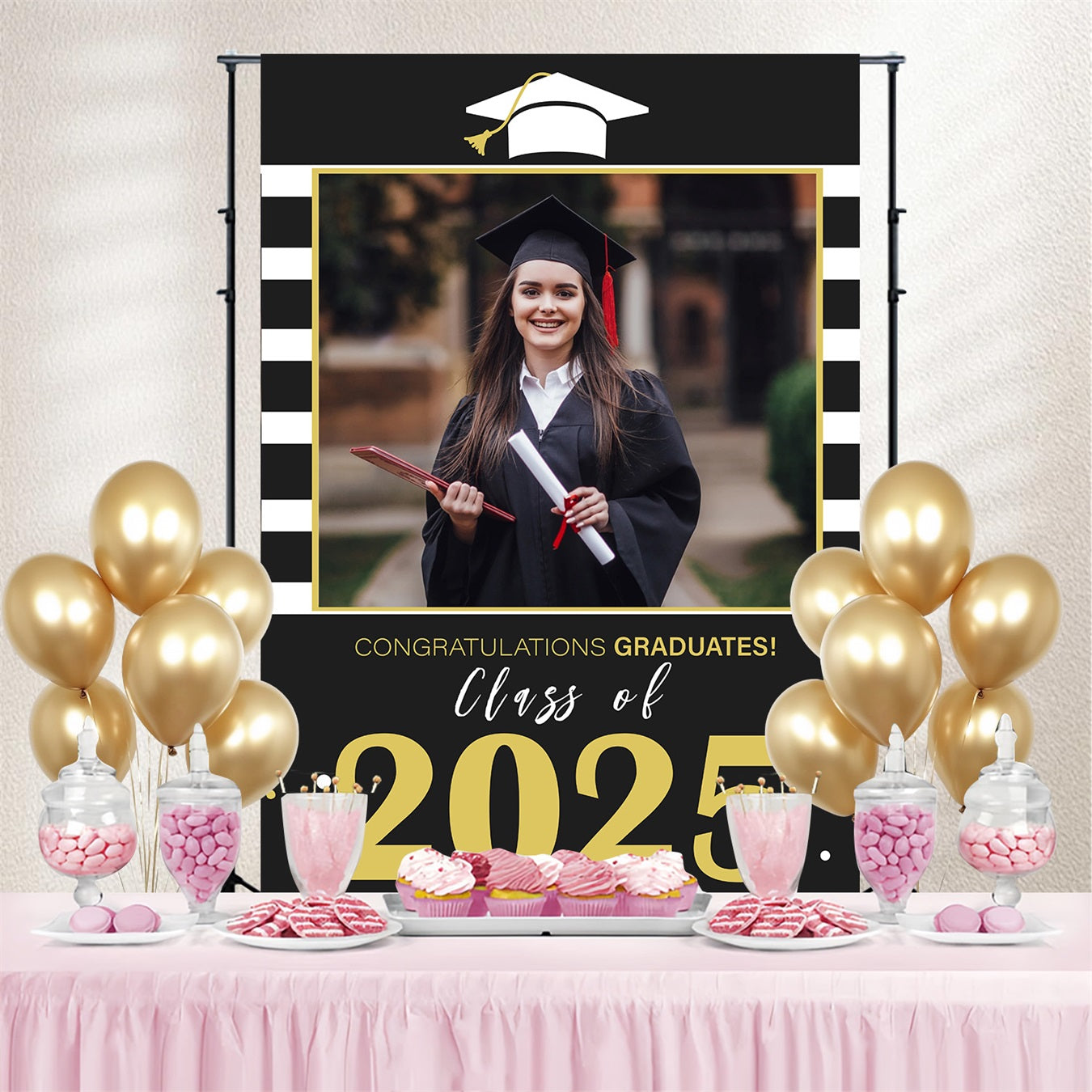 2025 Graduation Backdrop Modern Stripes 2025 Personalisierte Party Graduation Backdrop MRR3-193