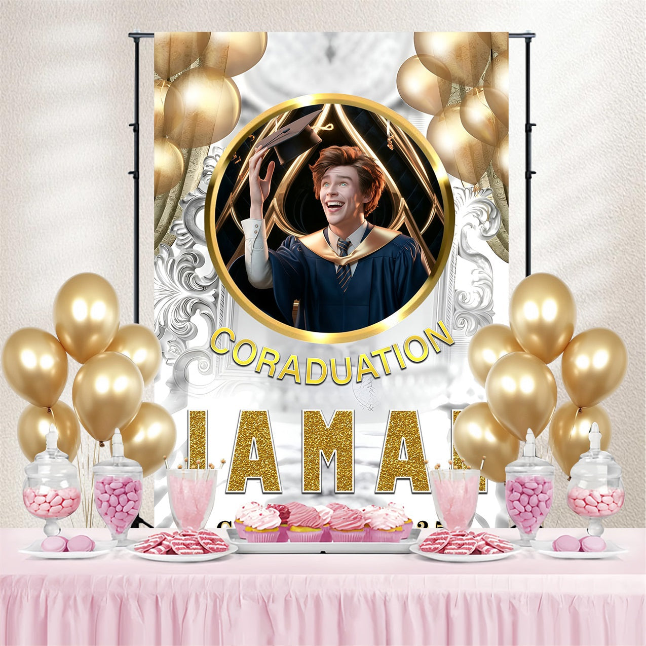 Graduated Backdrop White Gold Ballon Benutzerdefinierte Party Graduation Backdrop MRR3-194