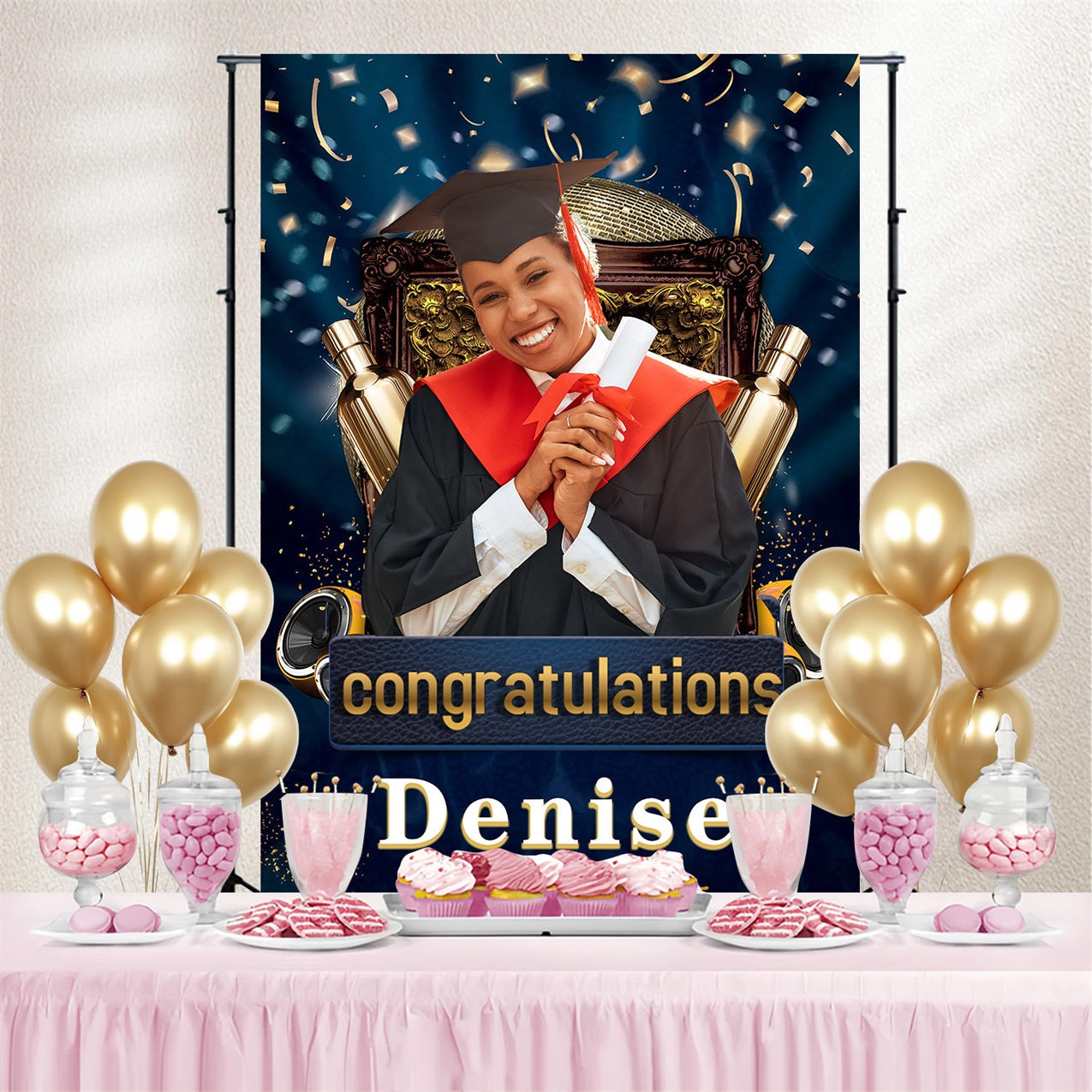 Graduation Foto Backdrop Ideen Konfetti Champagner Personalisierte Party Graduation Backdrop MRR3-195