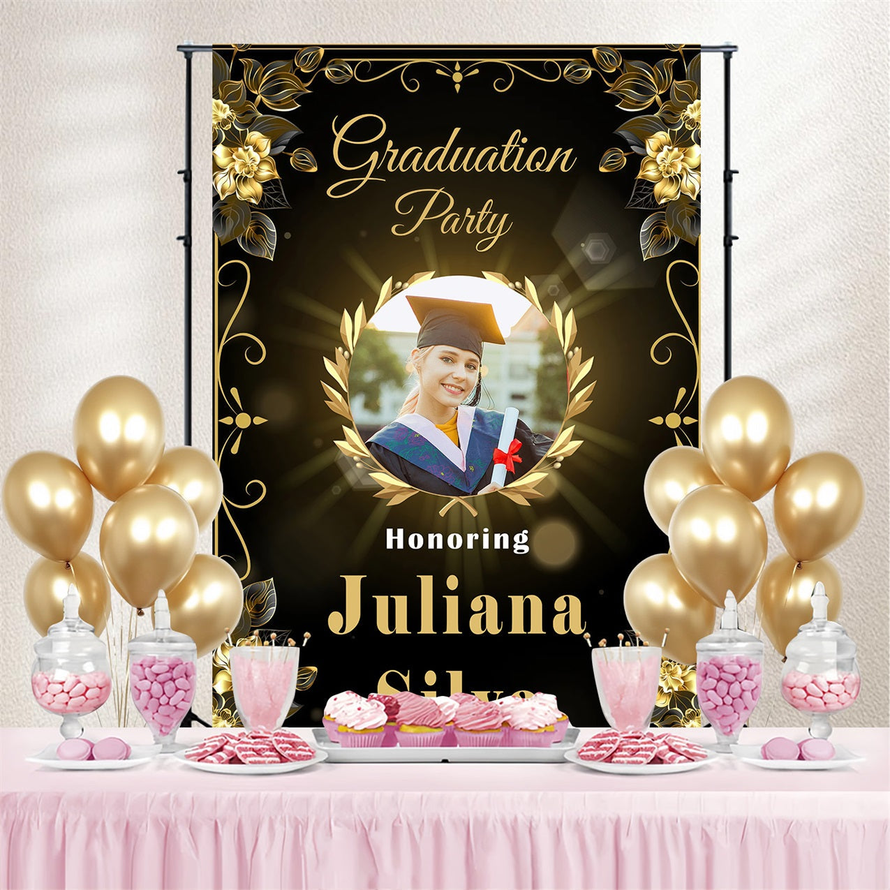 Graduation Backdrops Blumen Rahmen Benutzerdefinierte Party Graduation Backdrop MRR3-196