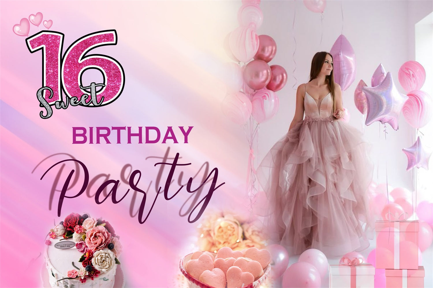 Personalisierte Geburtstagskulisse Rosa Glamour Sweet 16 Kulisse MRR3-2