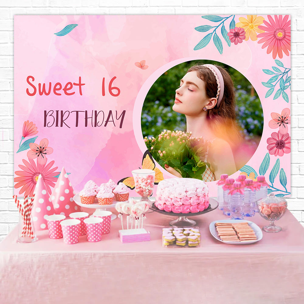 Geburtstag Backdrop Personalisierte Pink Floral Sweet 16 Backdrop MRR3-20