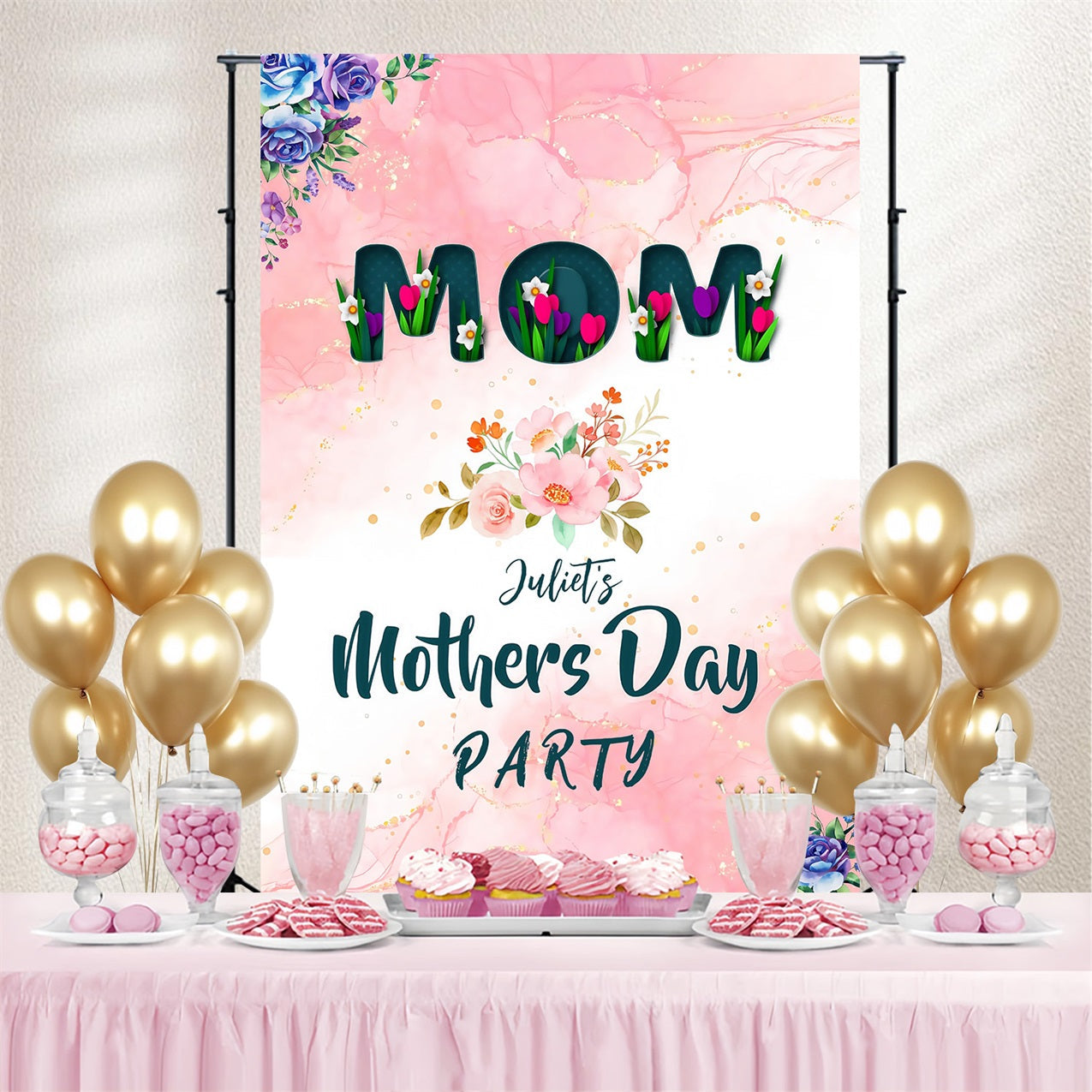 Happy Mother's Day Backdrop Pastellrosa Blumen Personalisierte Backdrop MRR3-73