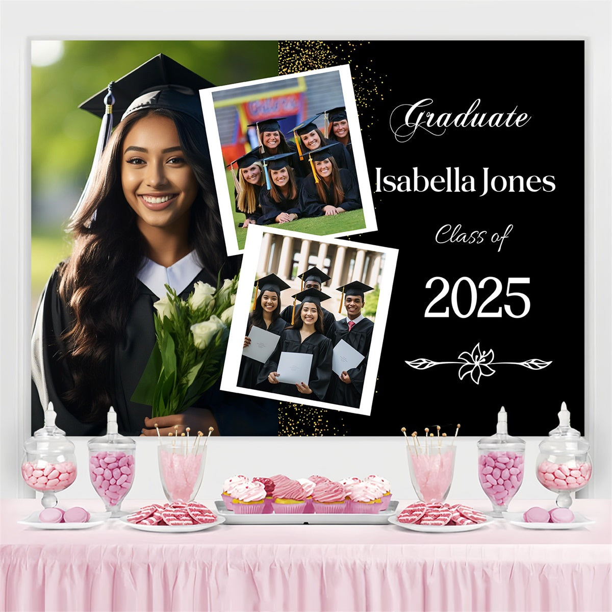 Custom Graduation Backdrop Elegant Schwarz Gold Graduation Party Backdrop MRR4-1