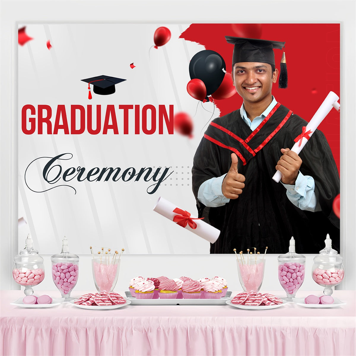 Customized Graduation Backdrop Rot Akzent Ballon Graduation Party Backdrop MRR4-10