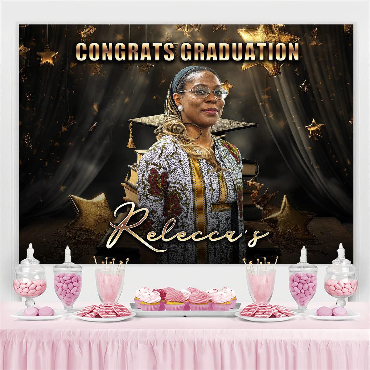Personalisierte Graduation Backdrop Goldene Sterne Bücher Graduation Party Backdrop MRR4-11