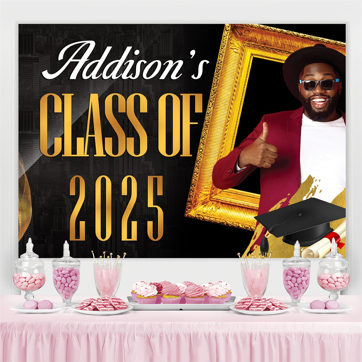 Benutzerdefinierte Graduation Backdrops Schwarz Gold Luxe Graduation Party Backdrop MRR4-18