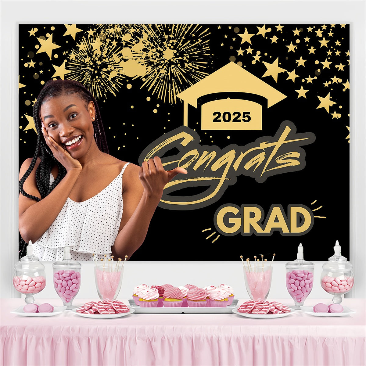 Personalisierter Hintergrund für die Abschlussfeier Gold Star Graduation Party Backdrop MRR4-2