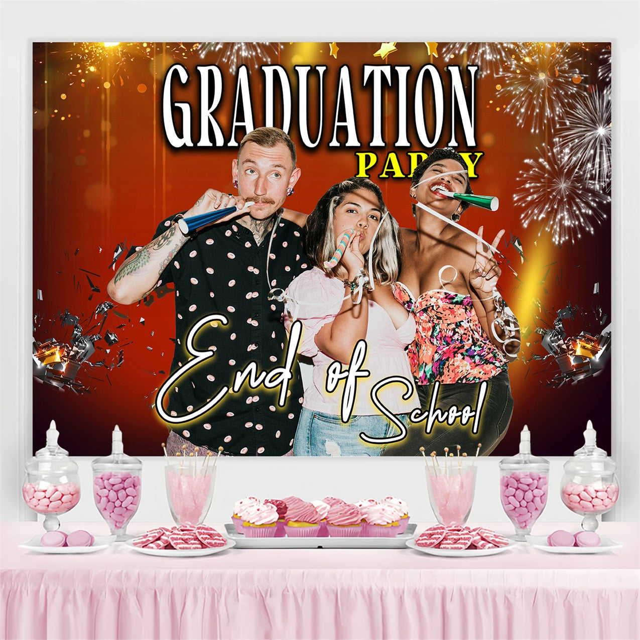 2025 Graduation Backdrop Bright Orange Feuerwerk Customized Party Graduation Backdrop MRR4-38