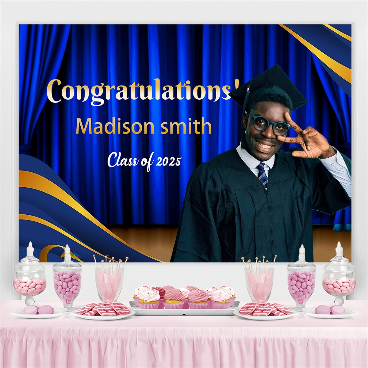 Custom Graduation Backdrops Blauer Vorhang Bühne Graduation Party Backdrop MRR4-9