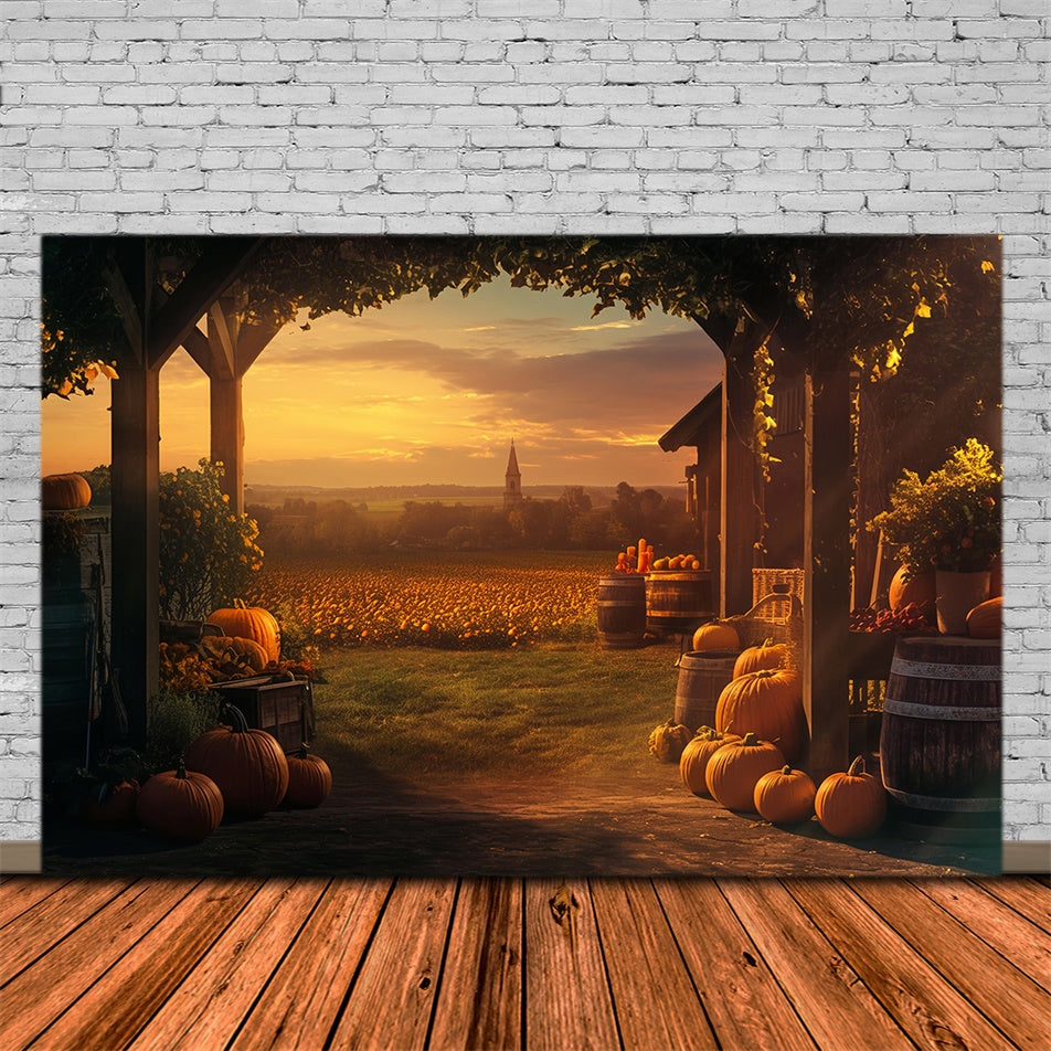 Sonnenuntergang Hintergrundkulisse Goldener Kürbis Bauernhof Herbst Fotohintergrund MRR7-120