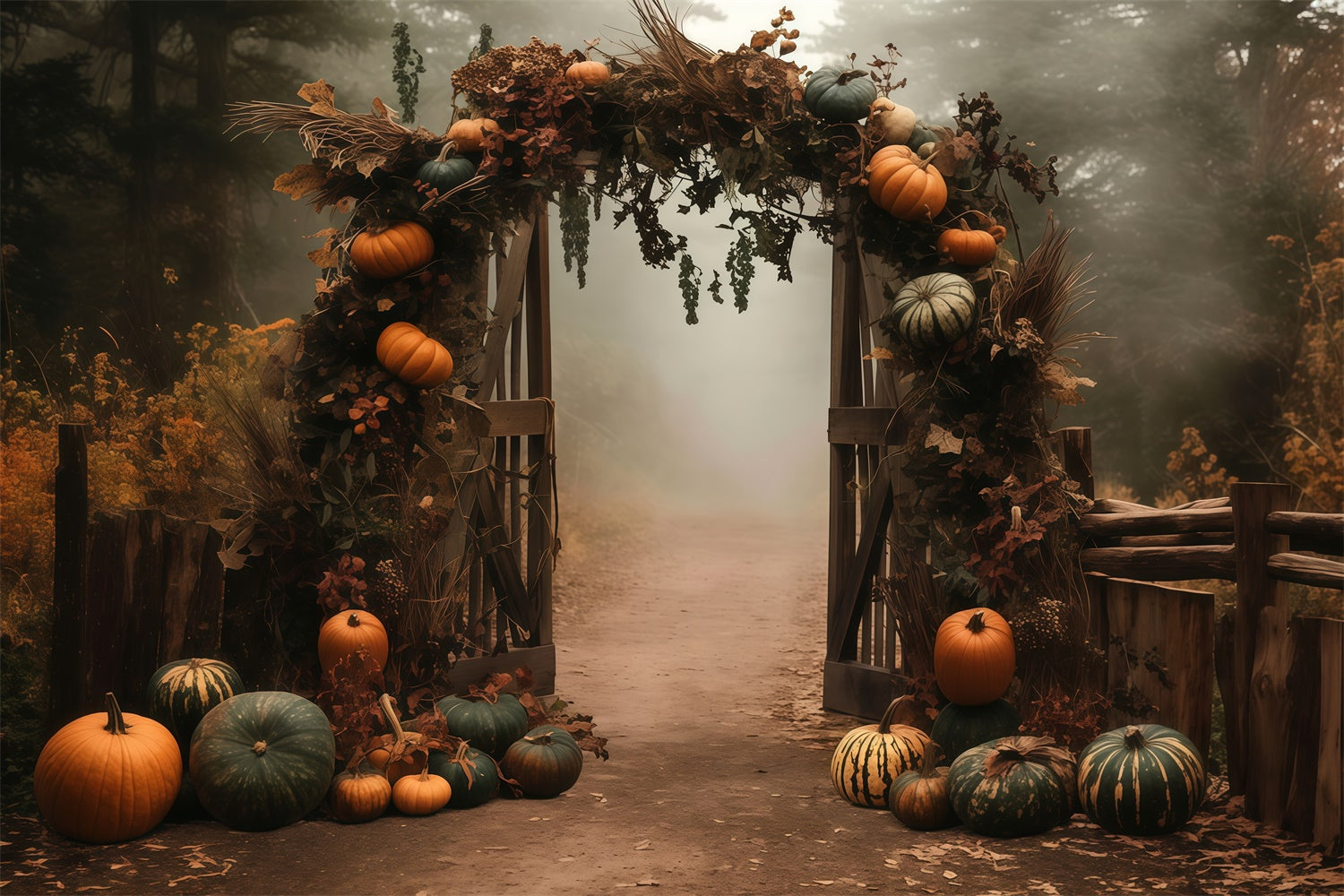 Herbst Fotohintergrund Nebliger Kürbisbogen Pfad Backdrops MRR7-128