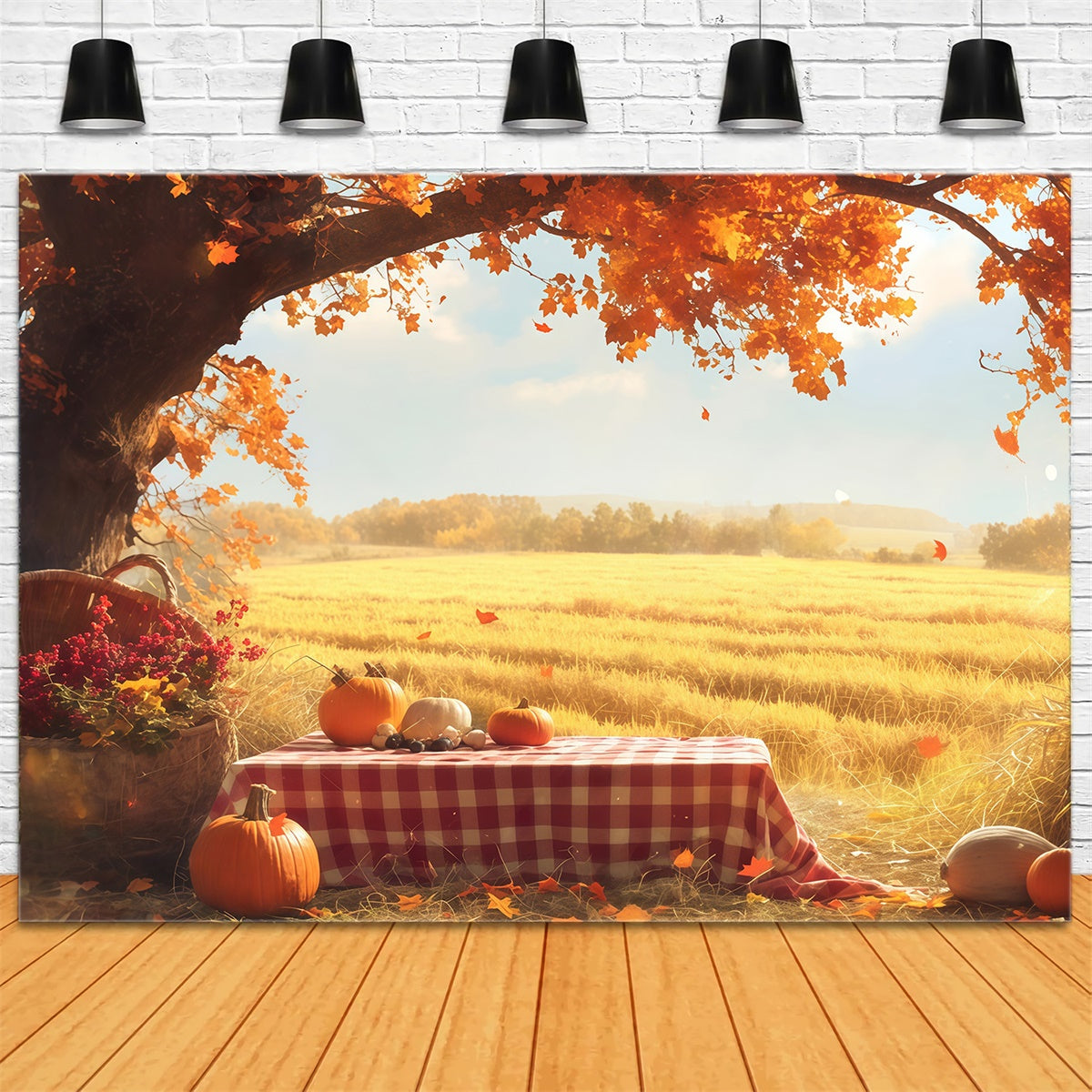 Herbst Backdrops Goldenes Feld Kürbis Picknick Fotohintergrund MRR7-129