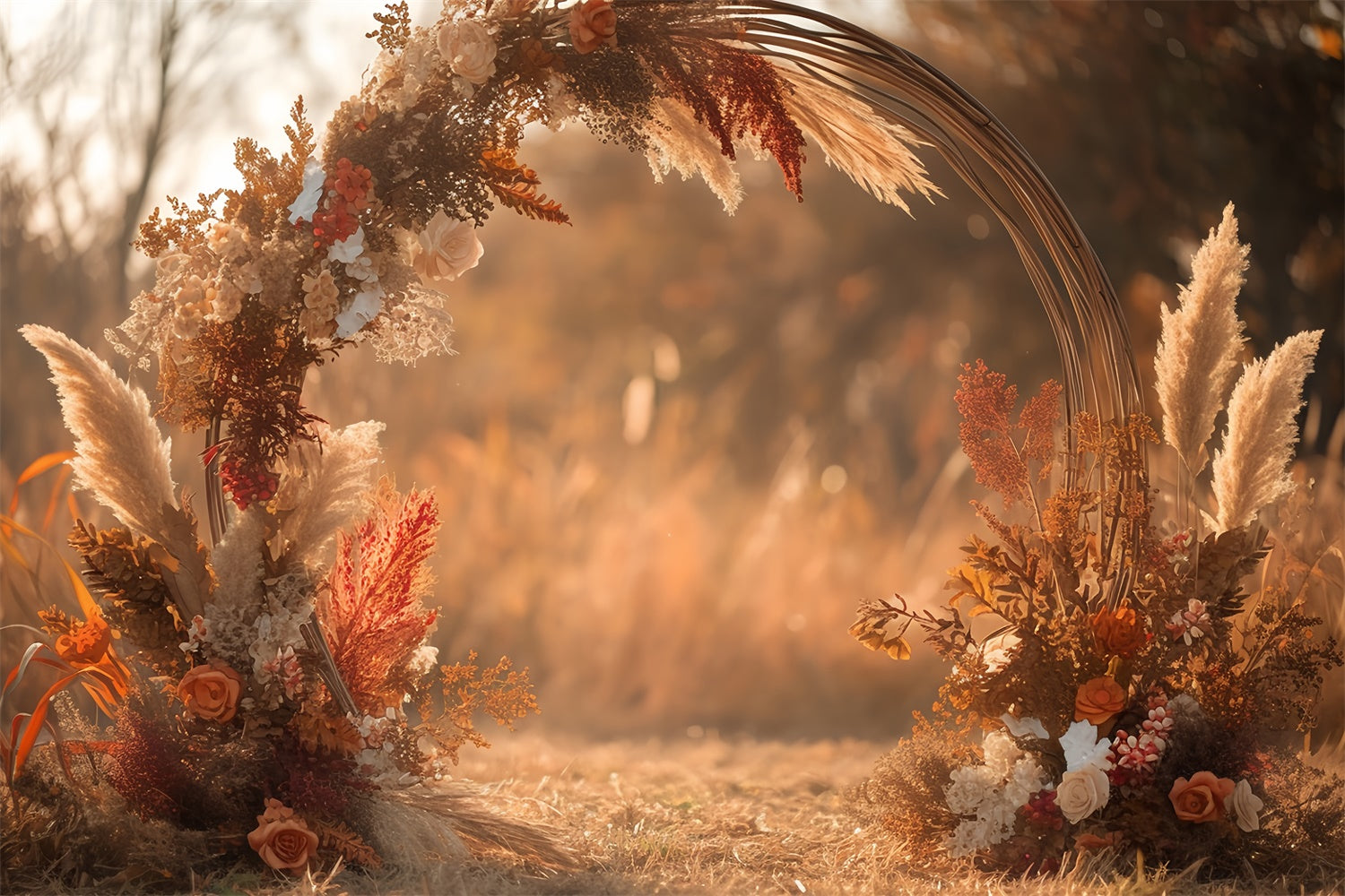 Boho Hintergrundkulisse Pampasblüte Kreis Herbst Fotohintergrund MRR7-137