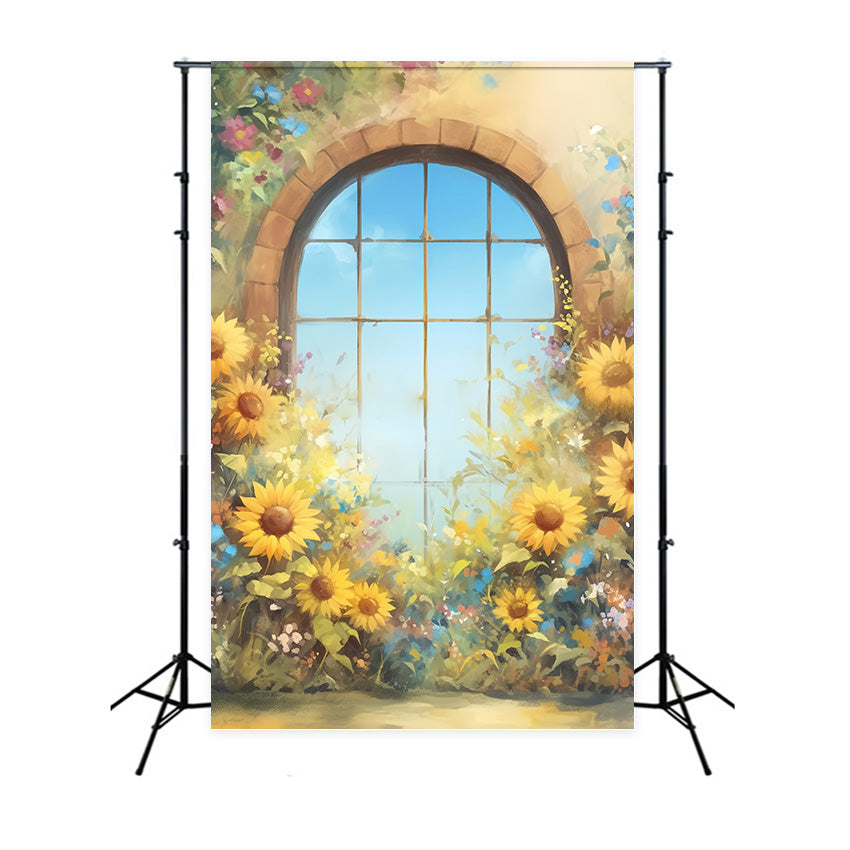 Herbst Fotokulissen Sonnenblumenbogen Fenster Glüh Hintergrund MRR7-144