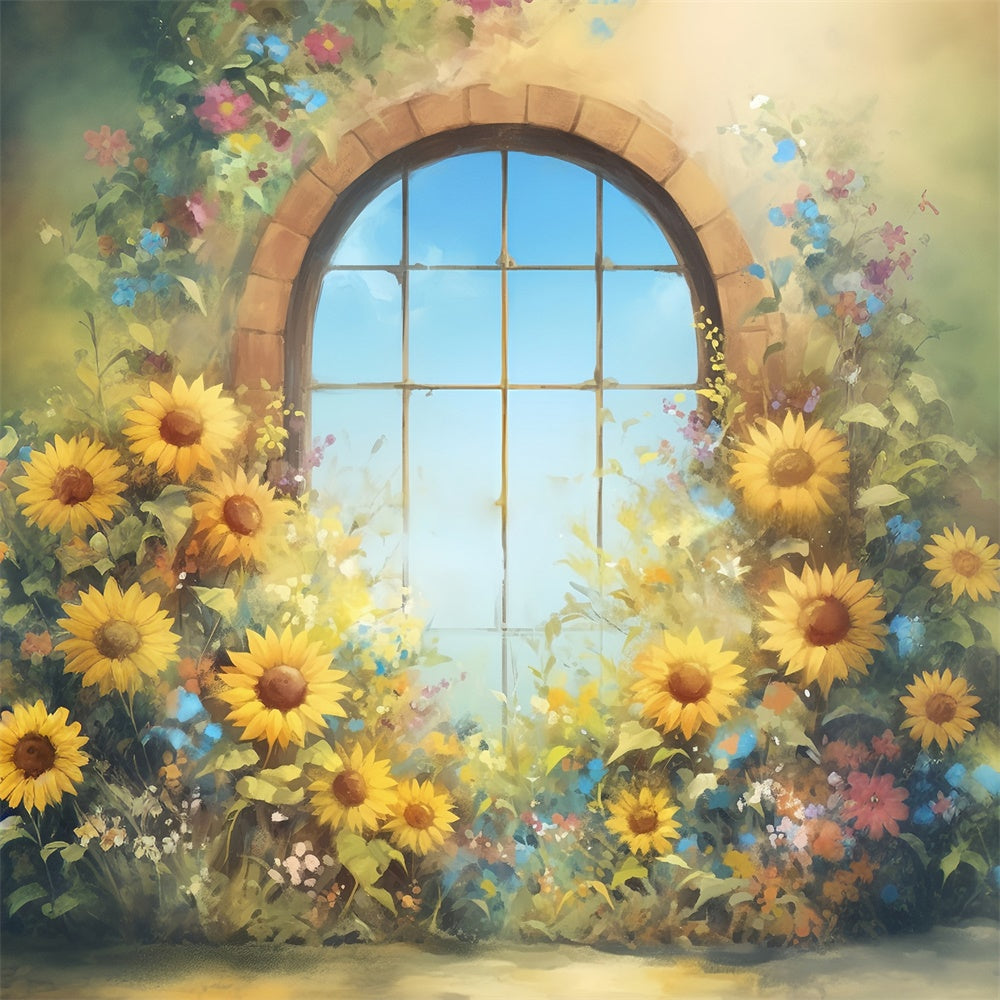 Herbst Fotokulissen Sonnenblumenbogen Fenster Glüh Hintergrund MRR7-144
