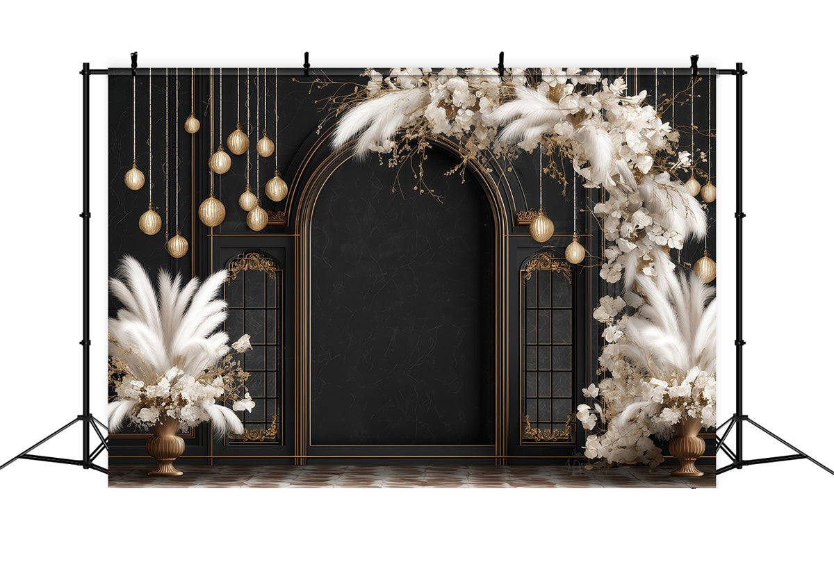 Bohemian Style Backdrop Schwarz Gold Glam Arch Fotohintergrund MRR7-256