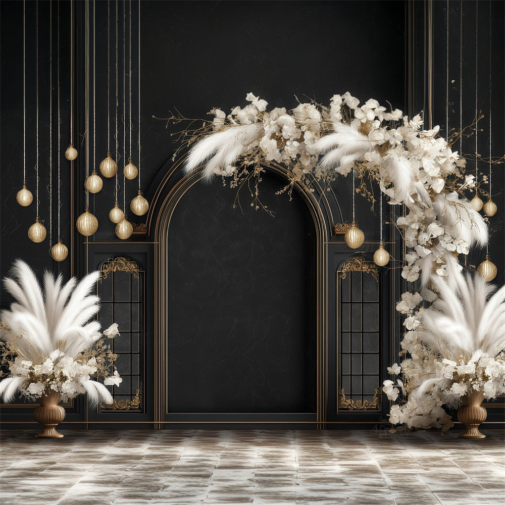 Bohemian Style Backdrop Schwarz Gold Glam Arch Fotohintergrund MRR7-256