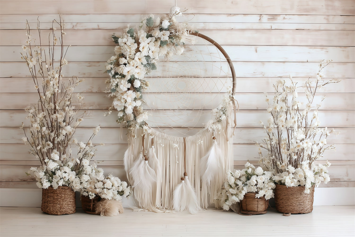 Boho Backdrop Elfenbeinblüten Traumfänger Fotohintergrund MRR7-265