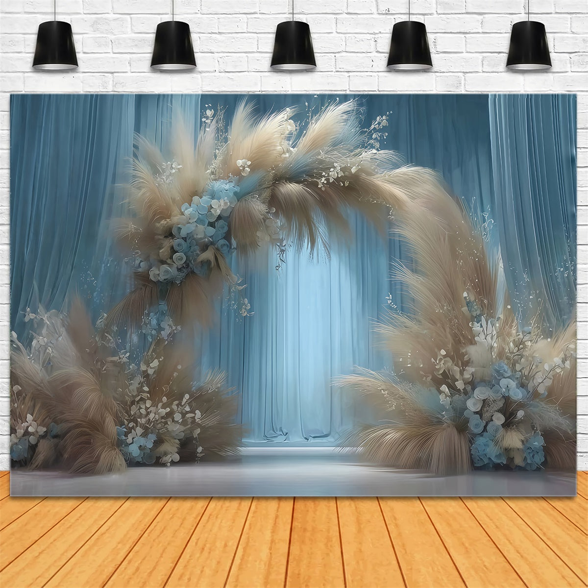 Boho Backdrops Neblige Blaue Pampas Bogen Fotohintergrund MRR7-266