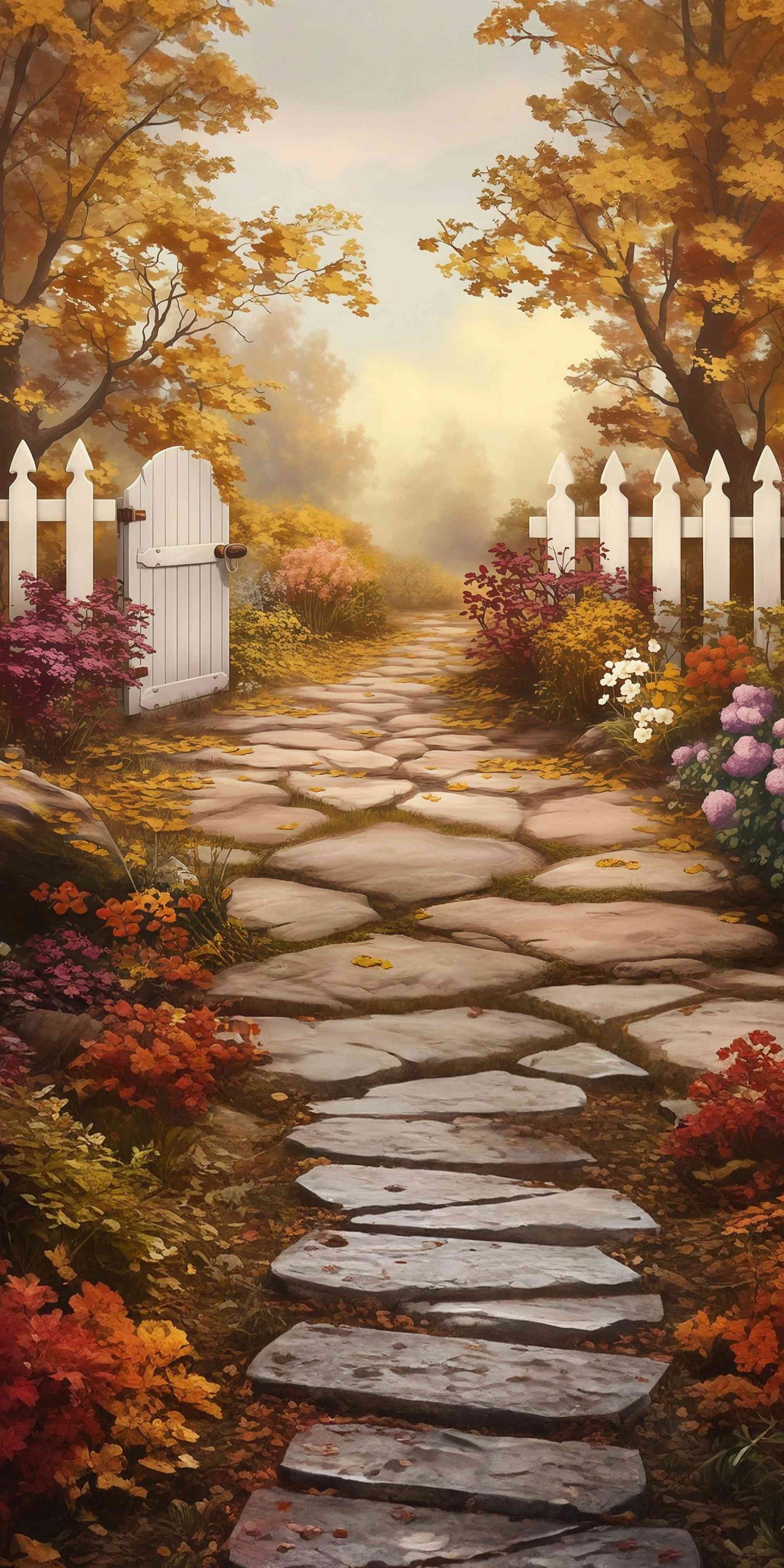 Herbst-Fotohintergrundkulisse Weißer Zaun Gartenweg Sweep-Fotohintergrundkulisse MRR8-100