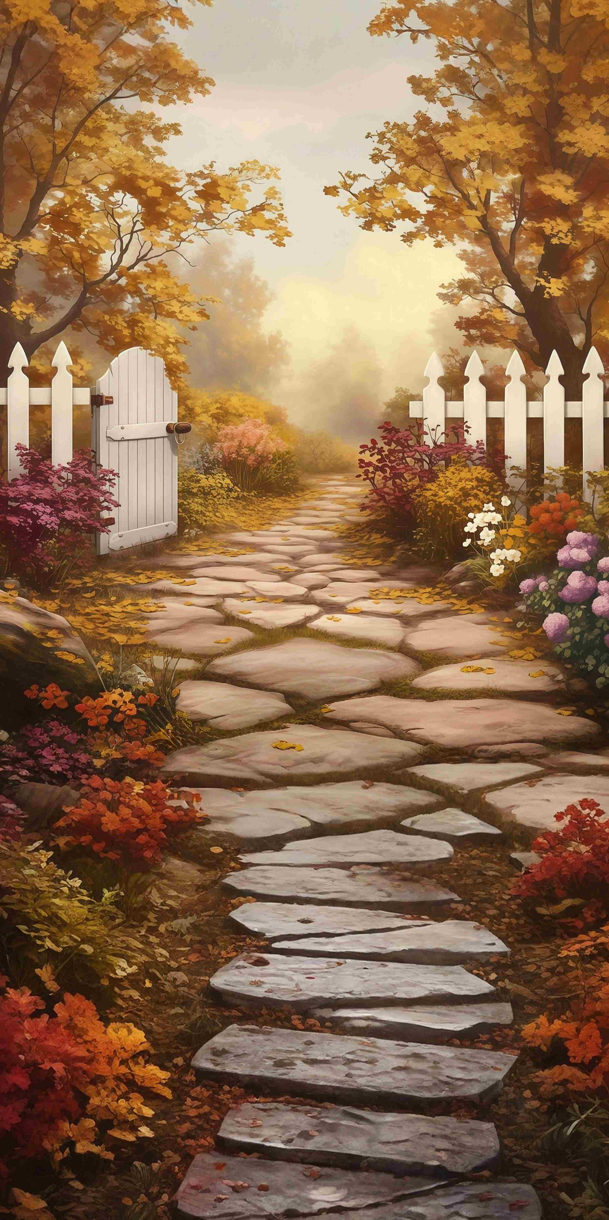 Herbst-Fotohintergrundkulisse Weißer Zaun Gartenweg Sweep-Fotohintergrundkulisse MRR8-100