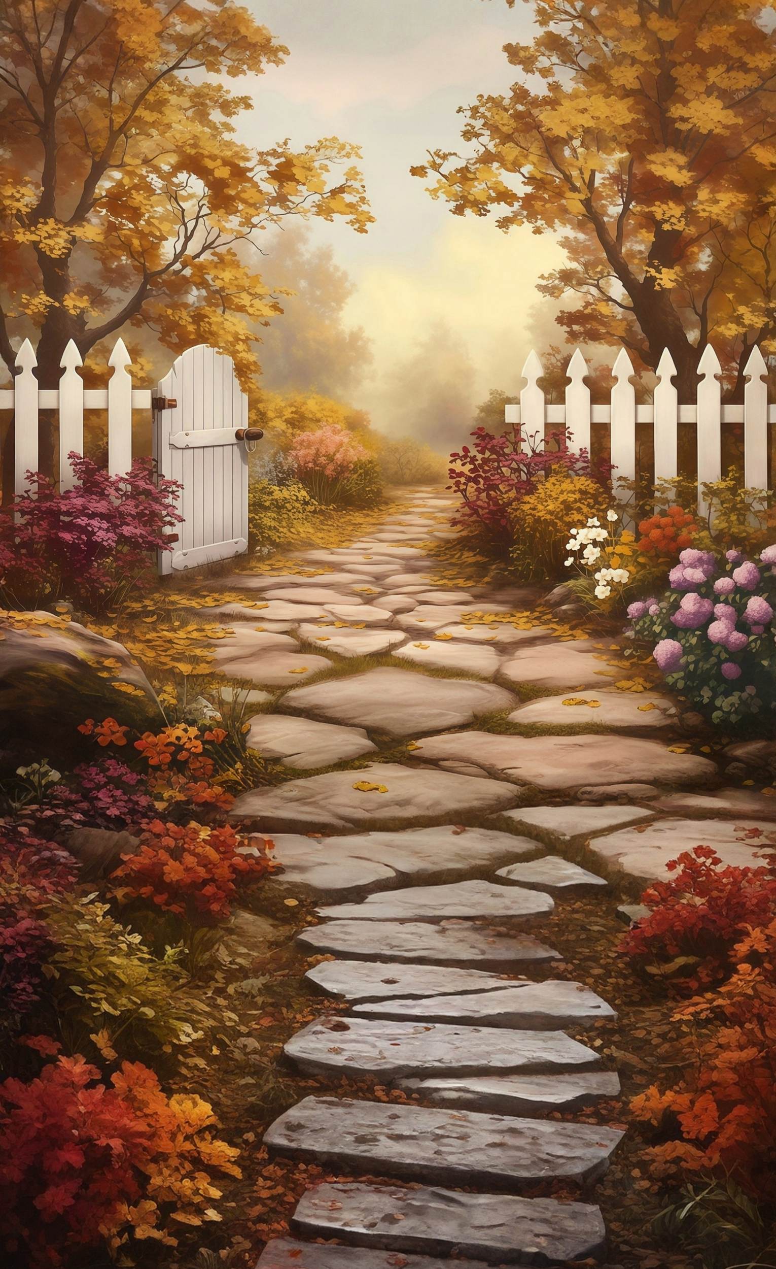 Herbst-Fotohintergrundkulisse Weißer Zaun Gartenweg Sweep-Fotohintergrundkulisse MRR8-100