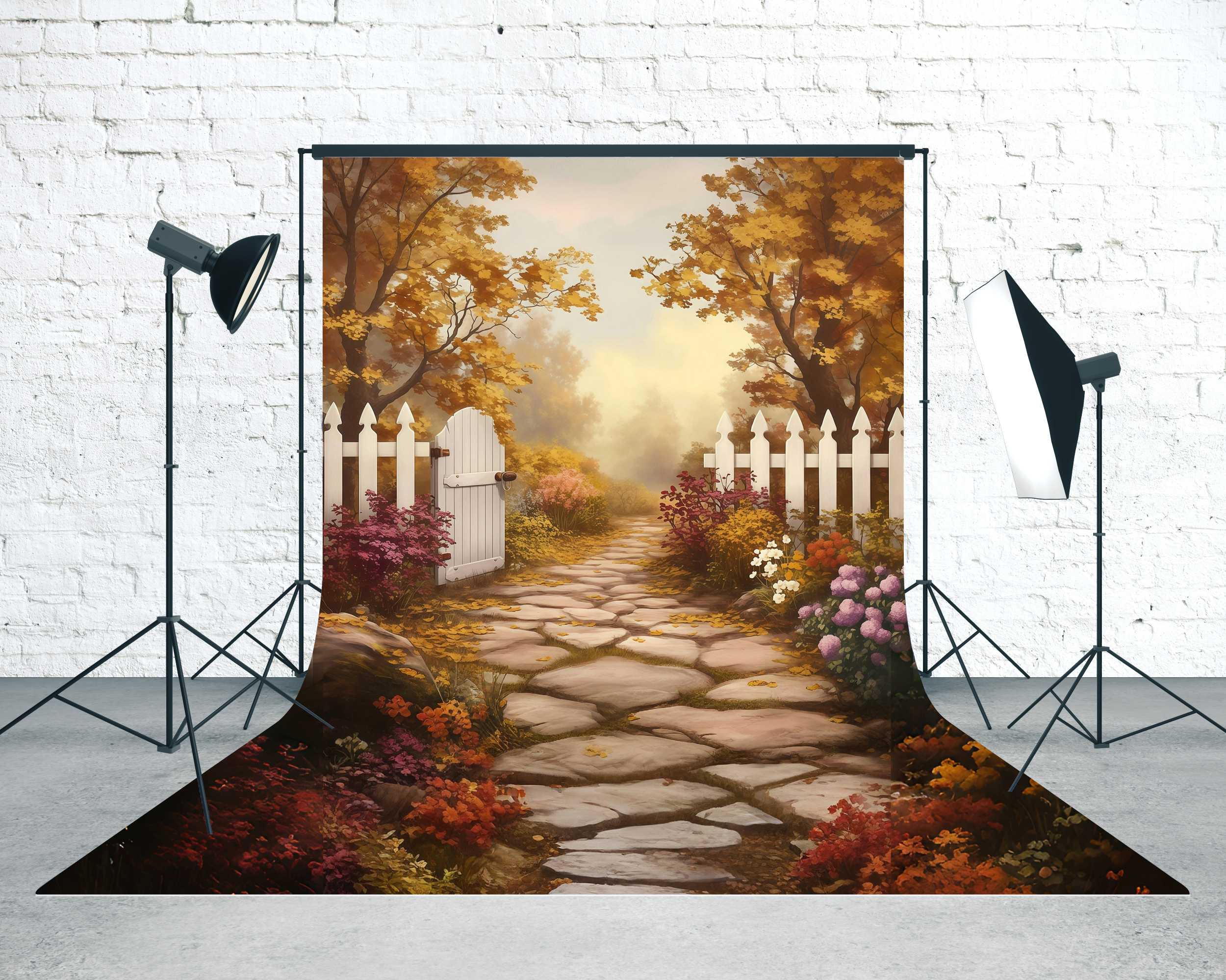 Herbst-Fotohintergrundkulisse Weißer Zaun Gartenweg Sweep-Fotohintergrundkulisse MRR8-100