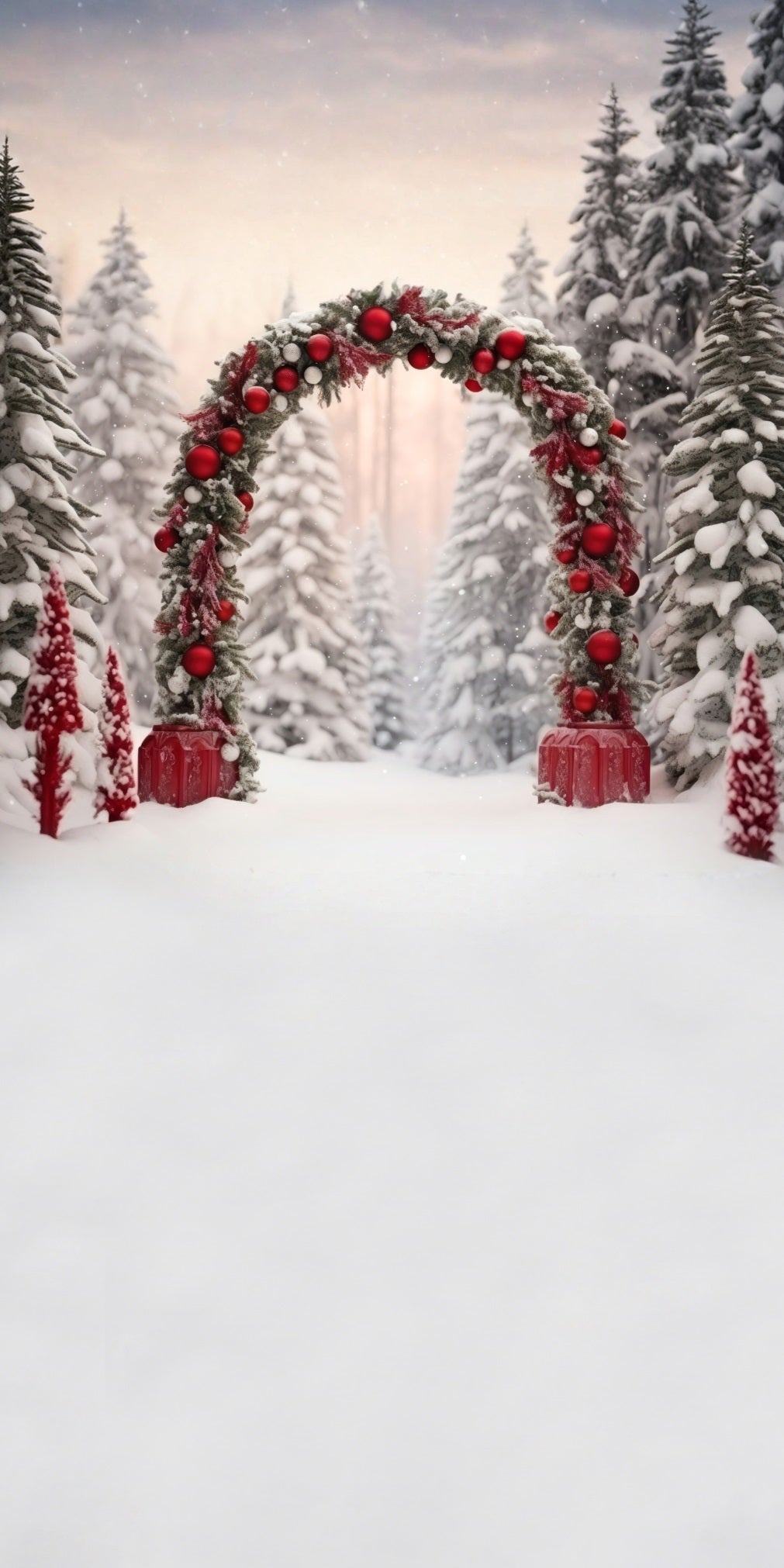 Weihnachtsbaum Bauernhof Backdrop Rot Ball Arch Cedar Grove Weihnachten Backdrop für Fotos MRR8- 104